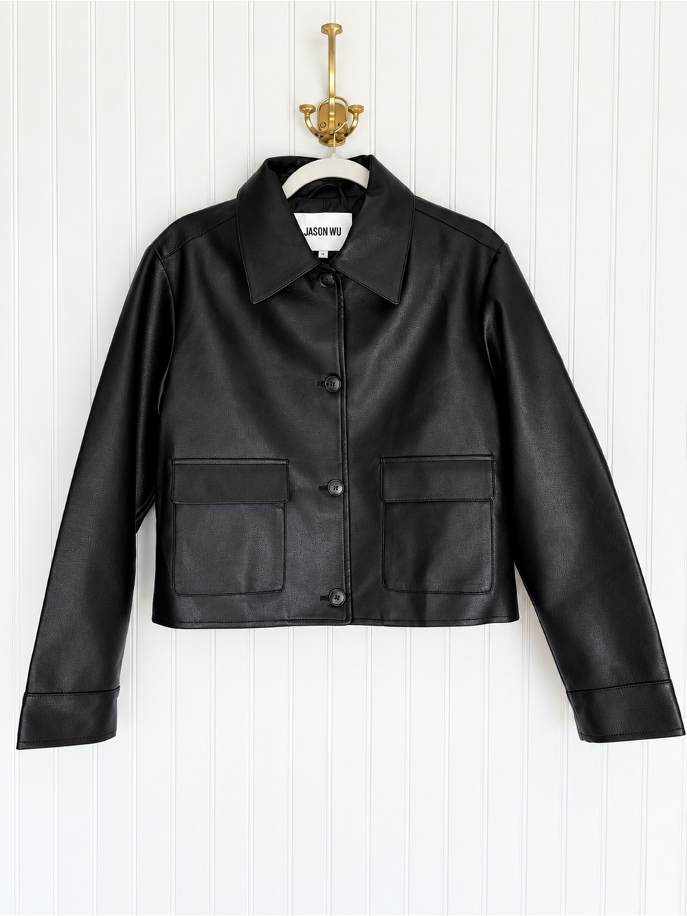 Jason Wu Black Faux Leather Cropped Utility Jacket Size M